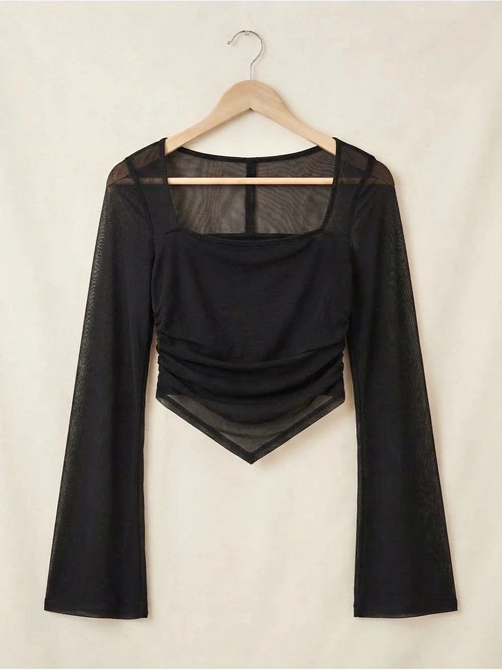 Hot Topic Sheer Mesh Ruched Top with Bell Sleeves